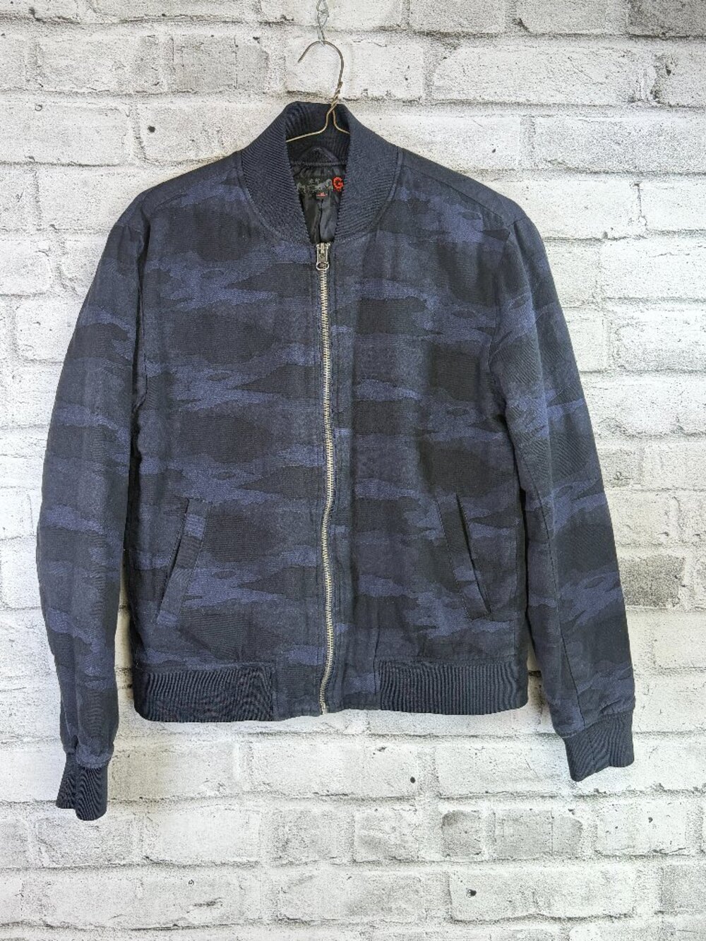 G by GUESS Men Medium Dark Blue Camo Full Zip Bomber Jacket Streetwear
